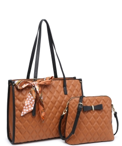 2In1 Quilted Tote Bag with Ribbon Scarf Set 716545 BROWN